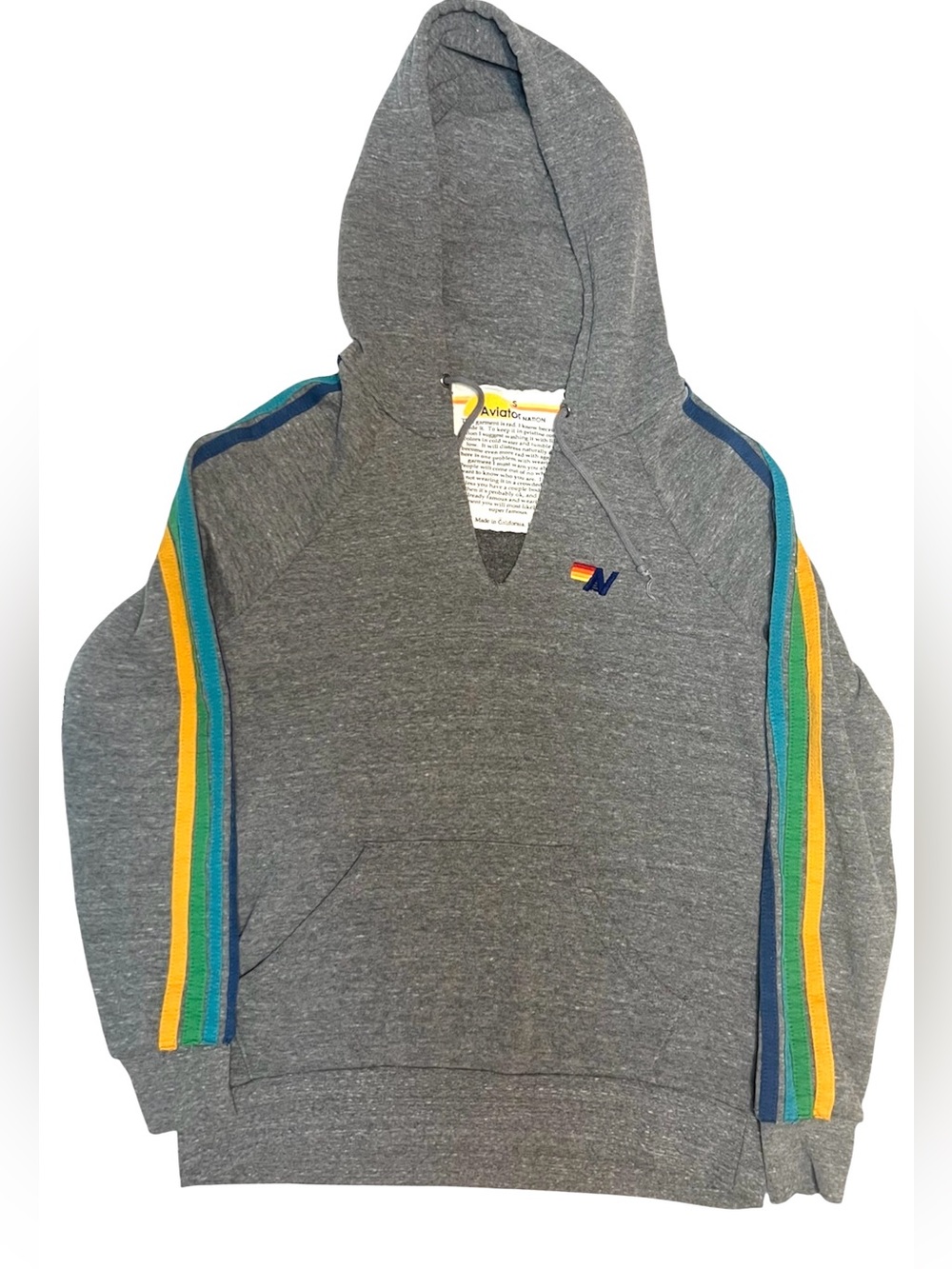 Aviator Nation Split Neck Cropped Distressed Hoodie Gray Small Unisex Small